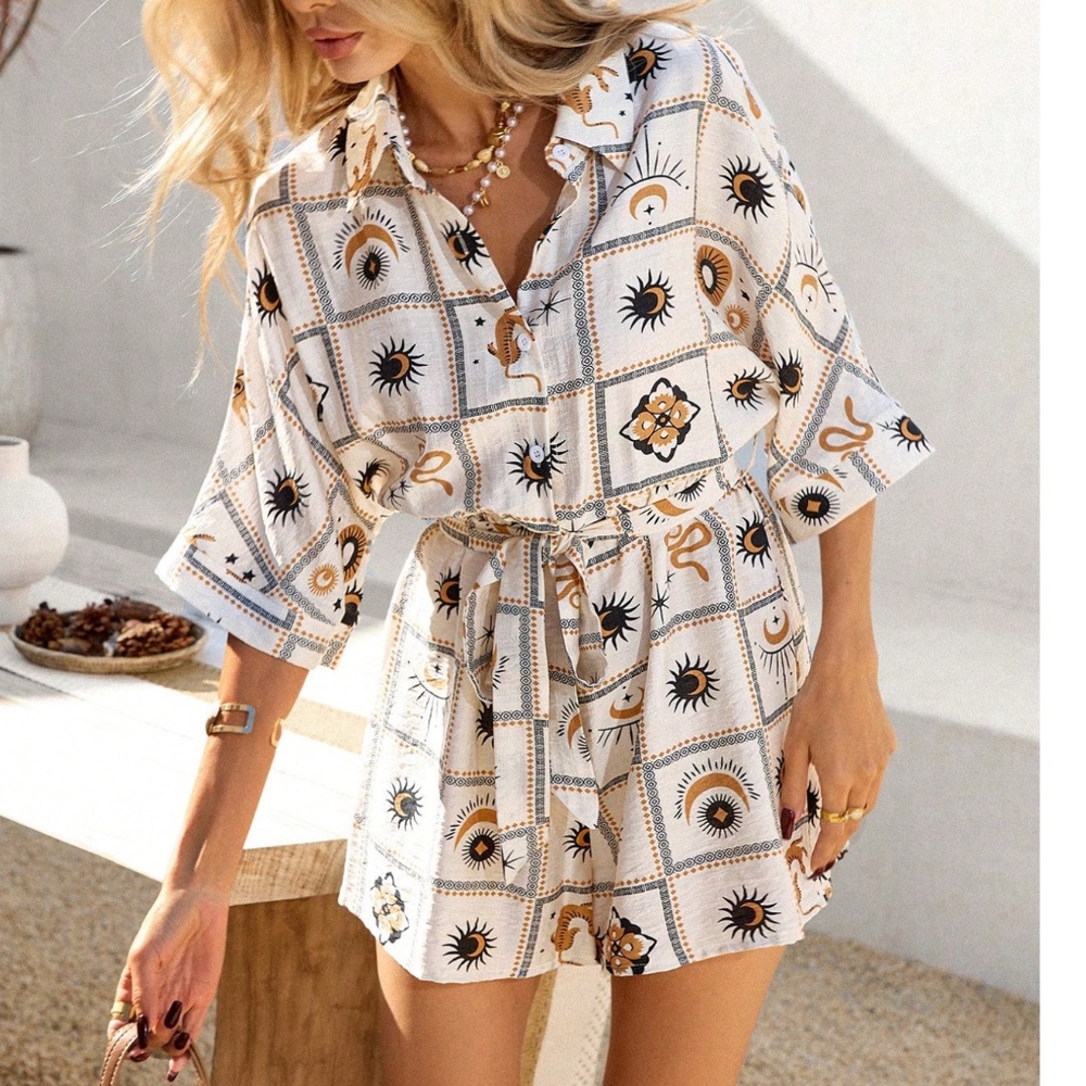 Boho Moon Celestial Print Button Belted Short Sleeve Romper